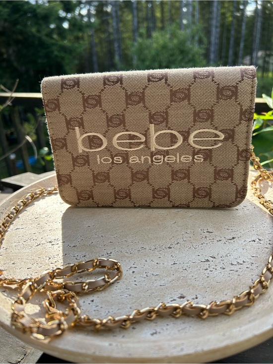bebe Handbags - bebe Tallula‎ Monogram Jacquard Beige and Brown Logo Crossbody with Gold Chain